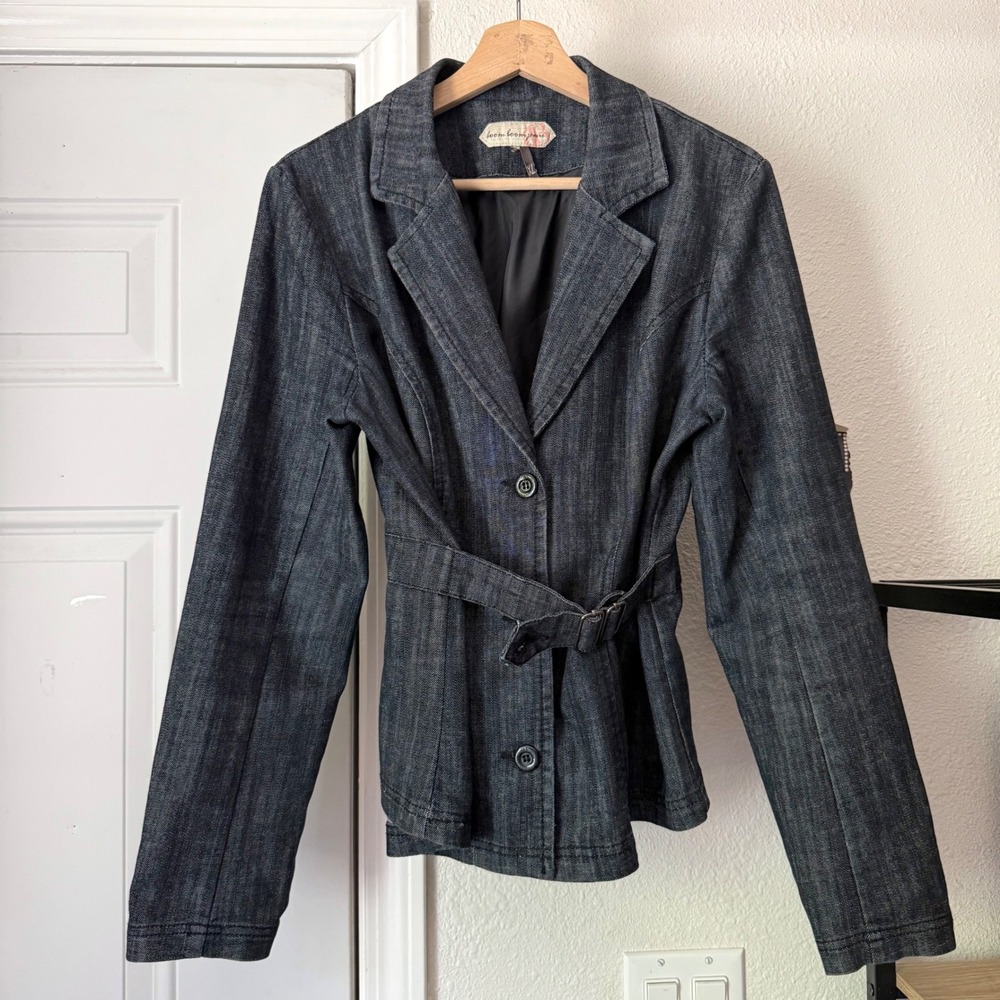 BOOM BOOM JEANS vintage vtg y2k grey navy‎ cotton denim belted button up jacket